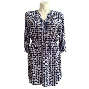 Lucky Brand Live in Love Dress, Blue White Geo Design 3/4-Sleeves Women's Size L